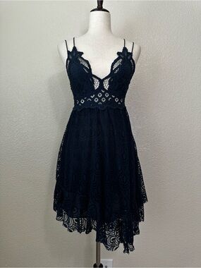 Free People Navy Blue Adella Burnout Lace Asymmetrical Hem Slip Dress, Sz Small